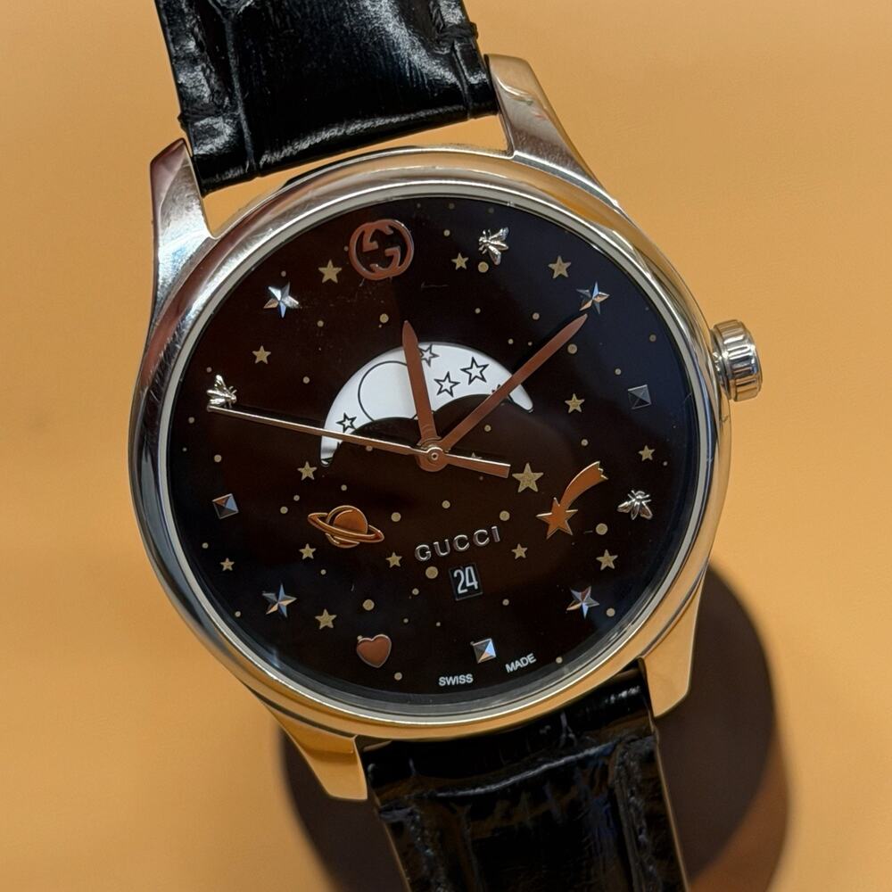 Gucci YA126327 G-timeless Moonphase Dial Quartz Watch, Black Leather Band Unisex